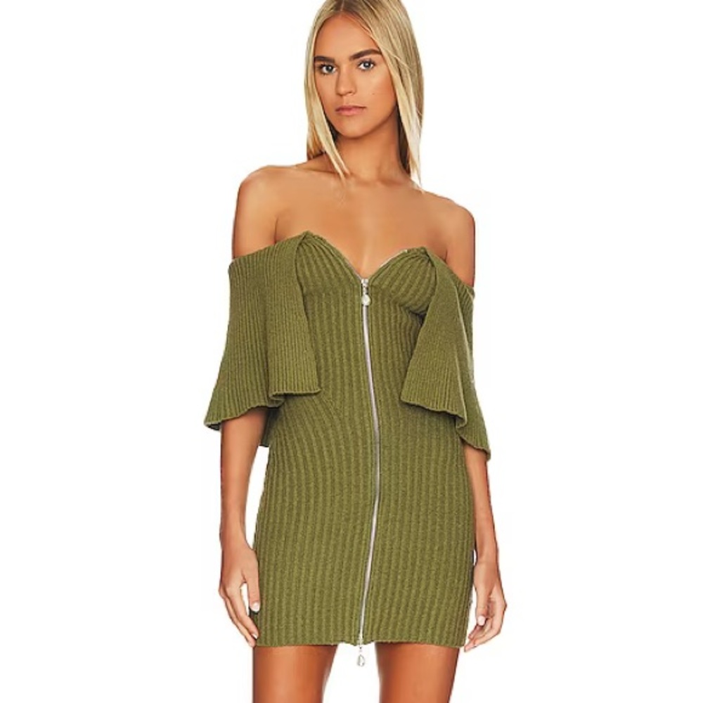 House of Harlow 1960 Olive Green Off-Shoulder Ribbed Mini Dress
